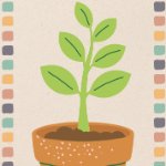 A graphic design image of a terracotta paint with small markings and the words "Be Creative" on it. A plant is growing in the pot. A repeating square border in muted colors is on the top and sides of the image. on September 25, 2024